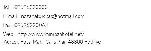 Mimoza Hotel Fethiye telefon numaralar, faks, e-mail, posta adresi ve iletiim bilgileri